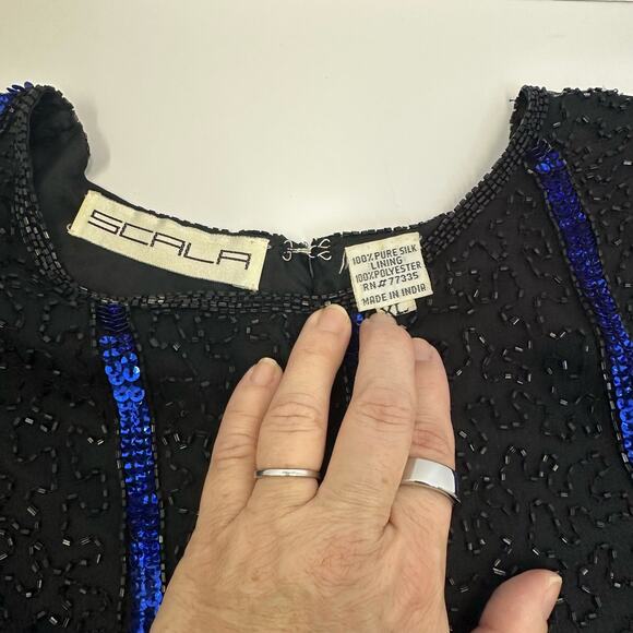Vintage Scala Black and Blue Sequin Beaded Silk Top 
– Size XL - Picture 5 of 7